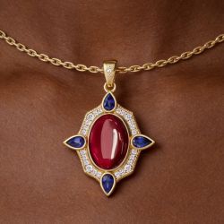 Golden Halo Cabochon Oval & Pear & Round Cut Ruby & Blue Sapphire Pendant Necklace