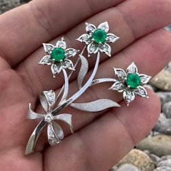 Floral Round Cut Emerald & White Sapphire Brooch Pin