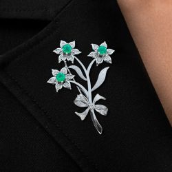 Floral Round Cut Emerald & White Sapphire Brooch Pin