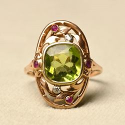 Rose Gold Bezel Cushion & Round Cut Peridot & Ruby & White Sapphire Engagement Ring