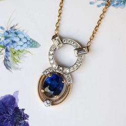 Two Tone Oval & Round & Baguette Cut Blue & White Sapphire Pendant Necklace