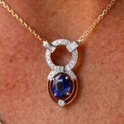 Two Tone Oval & Round & Baguette Cut Blue & White Sapphire Pendant Necklace