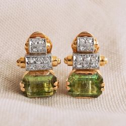 Two Tone Emerald & Round Cut Peridot & White Sapphire Drop Earrings