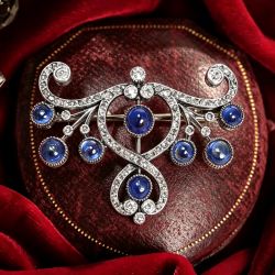 Swirl Design Cabochon Round Cut Blue & White Sapphire Brooch Pin