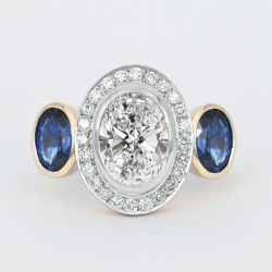 Two Tone Halo Oval & Round Cut White & Blue Sapphire Engagement Ring