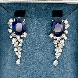 Cluster Oval & Pear & Round Cut Blue & White Sapphire Drop Earrings