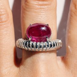 Hidden Halo Oval Cabochon & Round Cut Ruby & White Sapphire Engagement Ring