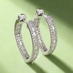 Triple Row Baguette & Round Cut White Sapphire Hoop Earrings