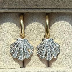 Two Tone Shell Design Round Cut White Sapphire Drop Earrings