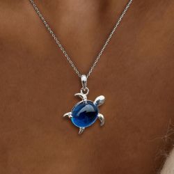 Sea Turtle Oval Cabochon Cut Blue Sapphire Pendant Necklace