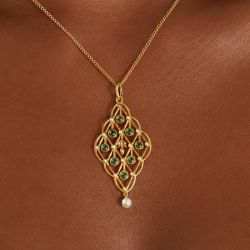 Golden Openwork Round Cut Pearl & Peridot Sapphire Pendant Necklace