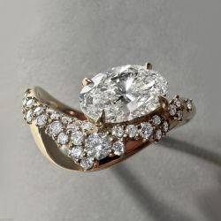 Golden Wavy Oval & Round Cut White Sapphire Engagement Ring