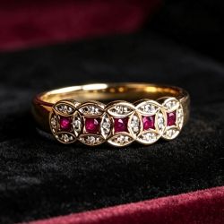 Golden Crossover Round Cut Ruby & White Sapphire Half Eternity Wedding Band Ring