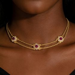 Double Chain Halo Round Cabochon Cut Ruby & White Sapphire Pendant Necklace