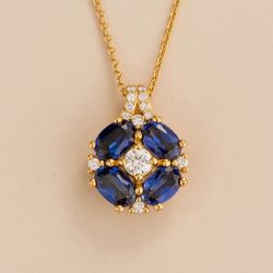 Golden Halo Round & Oval Cut White & Blue Sapphire Pendant Necklace