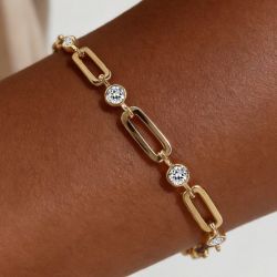 Golden Paperclip Round Cut White Sapphire Tennis Bracelet