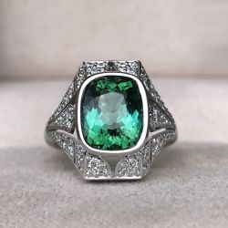 Bezel Cushion & Round Cut Emerald & White Sapphire Engagement Ring