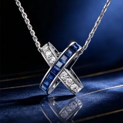 Crossover Asscher & Round Cut Blue & White Sapphire Pendant Necklace