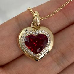 Golden Halo Heart & Round Cut Ruby & White Sapphire Pendant Necklace
