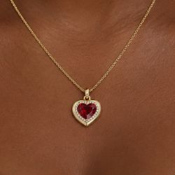 Golden Halo Heart & Round Cut Ruby & White Sapphire Pendant Necklace