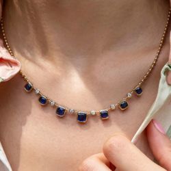 Golden Bezel Cushion & Round Cut Blue & White Sapphire Tennis Necklace