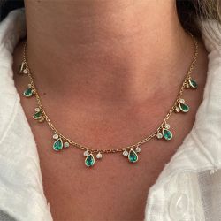 Golden Bezel Pear & Round Cut Emerald & White Sapphire Pendant Necklace