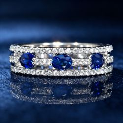 Triple Row Oval & Round Cut Blue & White Sapphire Half Eternity Wedding Band Ring