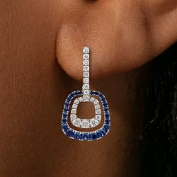 Double Layer Round Cut White & Blue Sapphire Drop Earrings
