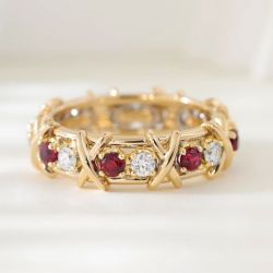 Golden Cross Round Cut Ruby & White Sapphire Eternity Wedding Band Ring