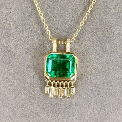 Golden Tassel Emerald & Baguette & Round Cut Emerald & White Sapphire Pendant Necklace