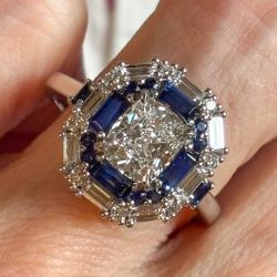 Double Halo Cushion & Baguette & Round Cut White & Blue Sapphire Engagement Ring