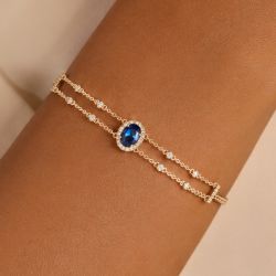 Golden Halo Oval & Round Cut Blue & White Sapphire Tennis Bracelet