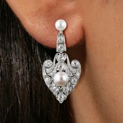 Round Cut Pearl & White Sapphire Drop Earrings
