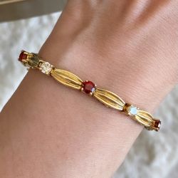 Golden Round Cut Garnet & White Sapphire Tennis Bracelet