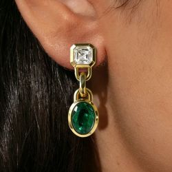 Golden Bezel Asscher & Oval Cut Emerald & White Sapphire Drop Earrings