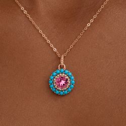 Rose Gold Double Halo Round Cut Pink & Turquoise Sapphire Pendant Necklace