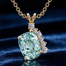 Golden Cushion & Round Cut Aquamarine & White Sapphire Pendant Necklace