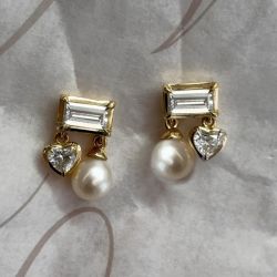 Golden Baguette & Heart & Round Cut White Sapphire & Pearl Drop Earrings