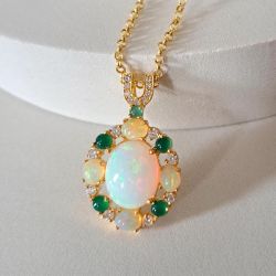 Golden Halo Oval & Round Cabochon Cut Opal & Emerald Sapphire Pendant Necklace