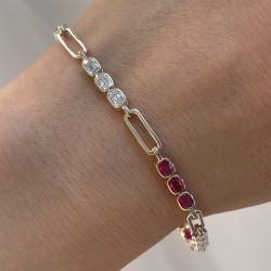 Golden Bezel Cushion Cut Ruby & White Sapphire Tennis Bracelet