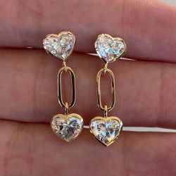Golden Bezel Heart Cut White Sapphire Paperclip Drop Earrings