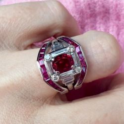 Halo Oval & Baguette & Round Cut Ruby & White Sapphire Engagement Ring Sets
