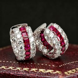 Triple Row Asscher & Round Cut Ruby & White Sapphire Hoop Earrings