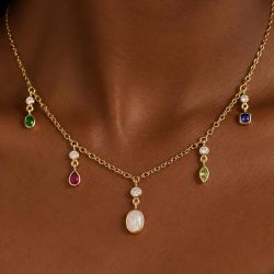 Golden Bezel Multi Cut Opal & Ruby & Peridot & Blue Sapphire Pendant Necklace
