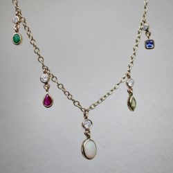 Golden Bezel Multi Cut Opal & Ruby & Peridot & Blue Sapphire Pendant Necklace