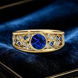 Open Work Bezel Round & Princess Cut Blue & White Sapphire Engagement Ring