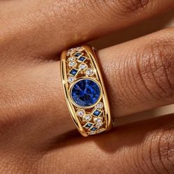 Open Work Bezel Round & Princess Cut Blue & White Sapphire Engagement Ring