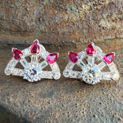Fan Shape Round & Pear & Baguette Cut White & Ruby Sapphire Stud Earrings