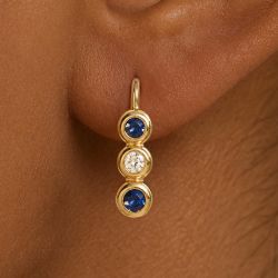 Golden Bezel Round Cut Blue & White Saphire Hoop Earrings