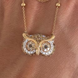 Two Tone Owl Round Cut Black & White & Champagne Sapphire Pendant Necklace